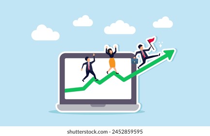 Enhanced business performance, growth, and improvement for investment returns, guided by strategic planning, concept of Energetic business individuals sprinting from ascending laptop graph