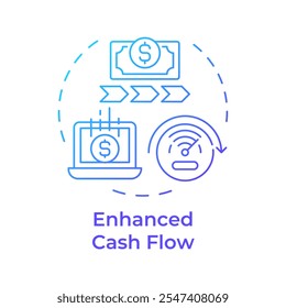 Ícone de conceito de gradiente azul de fluxo de caixa avançado. Aumenta o capital de giro. Benefícios da fatoração. Liquidez financeira. Ilustração de linha de forma redonda. Ideia abstrata. Design gráfico. Fácil de usar no artigo