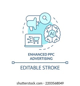 Enhanced PPC advertising turquoise concept icon. AI integration in marketing abstract idea thin line illustration. Isolated outline drawing. Editable stroke. Arial, Myriad Pro-Bold fonts used