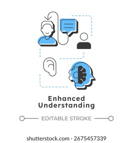 Icono de concepto lineal moderno de comprensión mejorada. Procesamiento de conocimientos. Escucha activa, estudio. Elementos de contorno plano conectados con líneas punteadas. Visual creativo. Fácil de editar