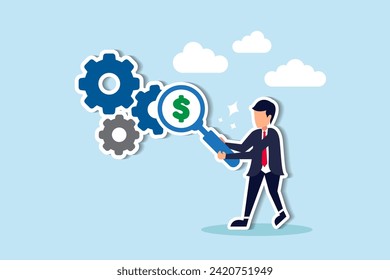 Enhancing cost efficiency, minimizing time for superior quality, optimizing expenses for a profitable strategy - a businessman maximizes profits with a magnifying glass on cog gear producing dollars.