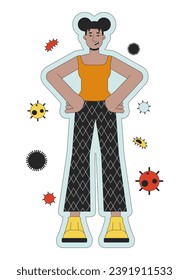 Enhancing immunity 2D linear illustration concept. Black woman healthy lifestyle cartoon character isolated on white. Immune protection against viruses metaphor abstract flat vector outline graphic
