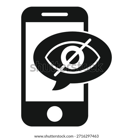 Enhancing privacy and online security, a smartphone displays a blocked eye within a speech bubble, symbolizing restricted viewing and data protection