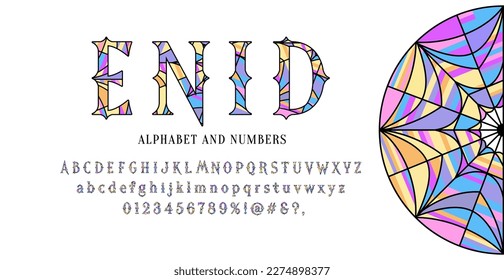 Enid stained glass font. Vector Wednesday alphabet with signs, symbols and numbers. 