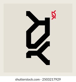 Enigmatic Calligraphy: Ancient Meets Modern. Black Angular Symbol with Red Accent on Cream. Mysterious Logo Blends Eastern Aesthetics with Minimalist Design. Intriguing Art for Branding.