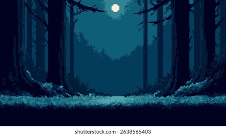 Enigmatic dark forest at night with a full moon. Pixel art game level design, vintage retro video game background scene. Vector graphics.