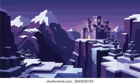 Enigmatic Gothic Castle Perched on a Snowy Mountain Peak Under a Twilight Sky Featuring Dramatic Peaks and Winter Scenery