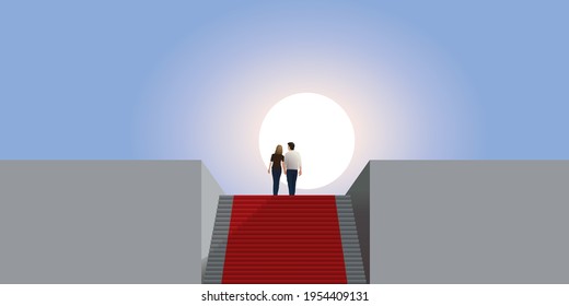 Enigmatic landscape showing a couple symbolically climbing the steps of a huge staircase covered with a red carpet.