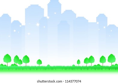 enigmatic morning city landscape with trees and green grass