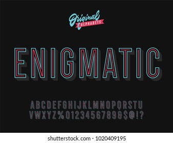 "Enigmatic" Vintage 3D Inline Condensed Alphabet. Vibrant Old School Retro Typography. Vector Illustration.