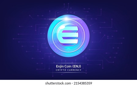Símbolo criptodivisa de la moneda de moneda de moneda metálica Enjin. Icono de moneda en fondo oscuro. Tecnología para las finanzas en la cadena internacional de bloqueo de acciones. Ilustración vectorial.