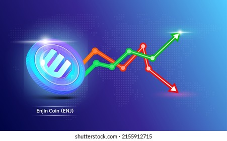 Enjin Coin. Cryptocurrency token symbol with stock market investment trading graph green and red. Coin icon on dark  background. Economic trends business concept. 3D Vector illustration.