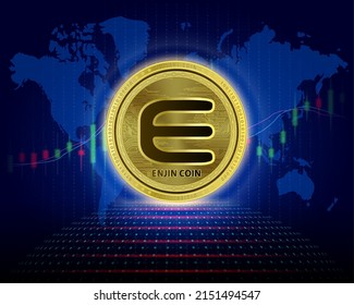 Enjin Coin (ENJ) coin. 3D Vector illustration. Cryptocurrency blockchain (crypto currency) Future digital replacement technology. Silver golden virtual currency growth share chart is background.