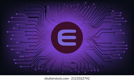 Enjin ENJ cryptocurrency token symbol in circle on abstract digital background with pcb tracks. Currency coin icon. Vector illustration.