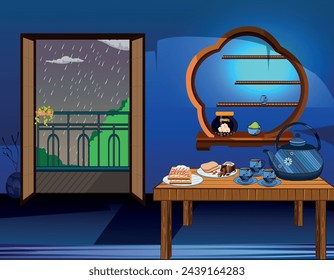 Disfrutando de la lluvia con té en la vista nocturna