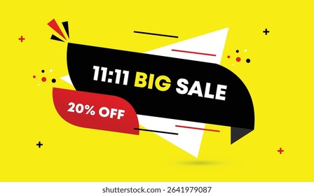 enjoy 11 to 11 big sale with 20 percent off on editable vector art illustration perfect for web banner templates featuring black white red gradient shapes and yellow abstract background designs