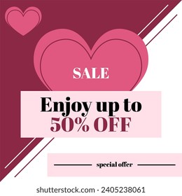 Enjoy up to 50% off. Sale. Special offer. Hearts. Wine, pink and white color.