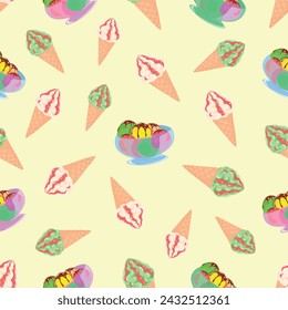 Enjoy an abundance of flavors and varieties of ice cream, dessert, confectioner, vector, illustration, isolated, background, art, food, jam, waffle cone, seamless pattern
