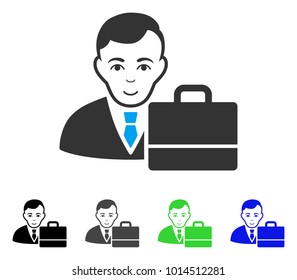 Enjoy Accounter vector pictograph. Vector illustration style is a flat iconic accounter symbol with gray, black, blue, green color variants. Human face has joy mood.