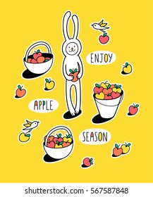 Enjoy apple season. Happy harvest season. Set of hand drawn cute stickers for kids. Bunny rabbit and little bird are collecting apples. 