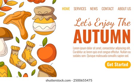 Enjoy autumn, colorful landing page vector template. Seasonal fall cozy elements from chanterelle, jam, warm socks, apple, acorn. For website, web, online, banner. Isolated background