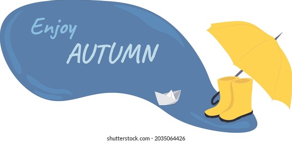 Enjoy autumn flat banner vector template. Postcard layout with umbrella and rubber boots in a puddle. Autumn season colorful horizontal illustration.