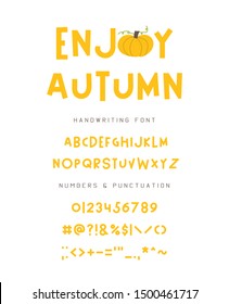 Enjoy autumn font. Orange alphabet with uppercase letters, numbers and punctuation isolated on white background. Creative typography letters with different size. Cute type illustration.