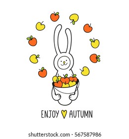 Enjoy autumn greeting card. Apple harvest season. Bunny rabbit holds bucket of apples on white background. Cute hand drawn animal character design and graphic elements for kids. 