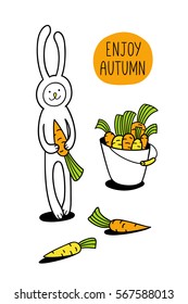 Enjoy autumn greeting card. Vegetable harvest season. Little bunny rabbit is collecting carrots in bucket. Cute hand drawn animal character design and graphic elements for kids. 
