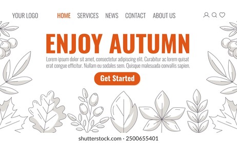 Enjoy autumn, landing page vector template. Minimalist monochrome gray seasonal fall leaves of oak, aspen, maple, chestnut leaf, rosehip and rowan branch. For website, web, online, banner.
