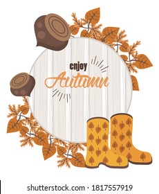 Enjoy Autumn Lettering With Nuts And Boots In Wooden Background Vector Illustration Design