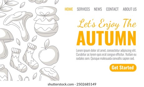 Enjoy autumn, minimalist landing page vector template. Monochrome seasonal fall cozy elements from chanterelle, jam, warm socks, apple, acorn. For website, web, online, banner. Isolated background