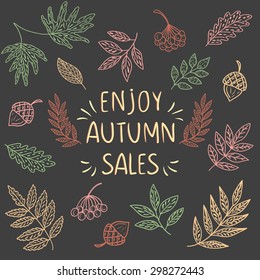 Enjoy Autumn Sales banner, with hand drawn text and autumn leaf background. Sketch, design elements. Vector illustration