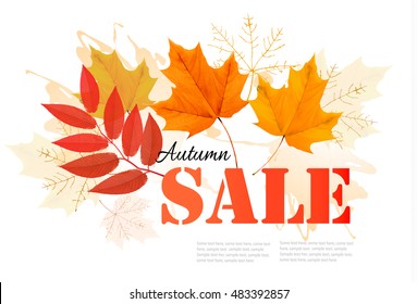 Enjoy Autumn Sales banner with autumn leaves. Vector.