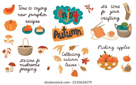 Disfrute de Autumn.Cartoon colección de Elementos escritos a mano y otoño. Cesta con setas comestibles, florero con manzanas, tejido, pasteles de calabaza y follaje. Vector de diseño conjunto con actividades al aire libre, pasatiempos.