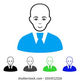 Enjoy Bald Clerk vector icon. Vector illustration style is a flat iconic bald clerk symbol with gray, black, blue, green color variants. Person face has cheerful expression.