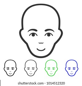 Enjoy Bald Head vector pictograph. Vector illustration style is a flat iconic bald head symbol with grey, black, blue, green color variants. Person face has enjoy feeling.