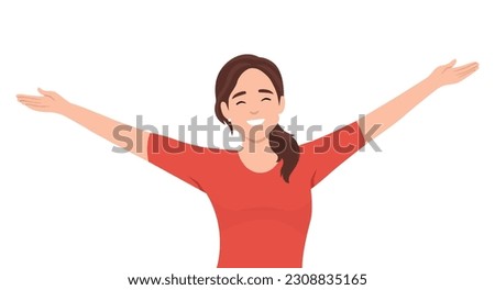 Enjoy banner design template with text space. Young woman in casual clothes standing with open arms for hugging. Flat vector illustration isolated on white background