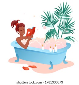 Enjoy bath time flat vector illustration. Cartoon young african woman character enjoying relaxing bubble foam bath, girl reading book in bathroom isolated on white