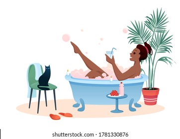 Enjoy bath time flat vector illustration. Cartoon young african woman character enjoying relaxing bubble foam bath drinking cocktail in bathroom isolated on white