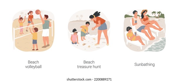 Enjoy the beach isolated cartoon vector illustration set. Beach volleyball tournament, play together, seaside treasure hunt, collect shells and rocks, family members sunbathing vector cartoon.