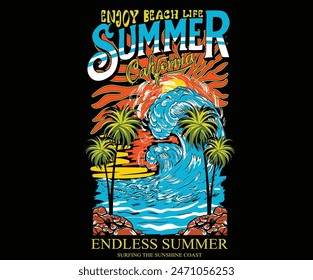 Enjoy beach life. California surf club print design. Endless summer vibes artwork. Beach t shirt design.