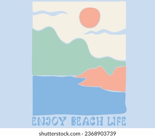  Enjoy beach life. Beach Paradise digital art Print T-shirt Graphics Design, typography slogan on palm trees background for summer fashion print. Beach and mountain artwork.