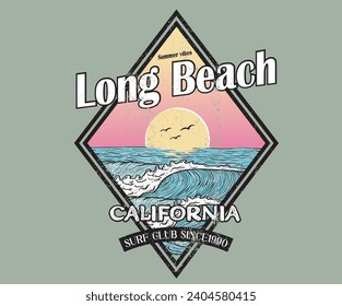 Enjoy beach life. Sunny day at the beach. Ocean wave. Palm tree retro print artwork. Long beach. Summer vibes. Surfing wave graphic print design for t shirt print, poster, sticker and other uses.