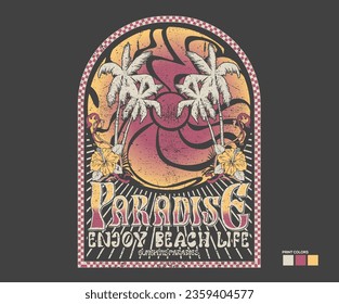 Genießen Sie den Strand. Sonnenscheinparadies, Vektordesign. Summer vibes Print Design. Tropisches Paradies für Vintage-Kunstwerke.