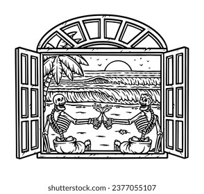 enjoy the beach view from the window line illustration