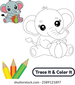 Enjoy a beautiful elephant vector for trace and color. This cute elephant illustration is perfect for kids and adults who love fun and creative coloring activities.