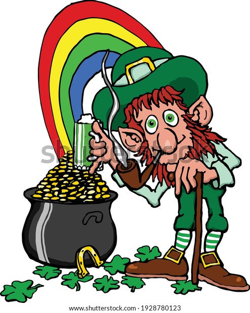 Enjoy a beer when you get to the rainbow. Enjoying a\
green beer, this leprechaun is next to his pot of gold at the end\
of rainbow. 