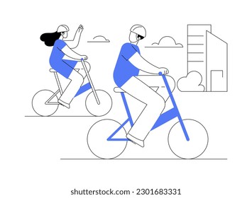 Disfruta de la ilustración abstracta del vector de recorrido en bicicleta. Pareja sonriente montando juntos una bicicleta de alquiler, transporte urbano moderno, transporte público, actividad al aire libre metáfora abstracta.