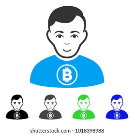 Enjoy Bitcoin Man vector icon. Vector illustration style is a flat iconic bitcoin man symbol with grey, black, blue, green color versions. Person face has joyful expression.